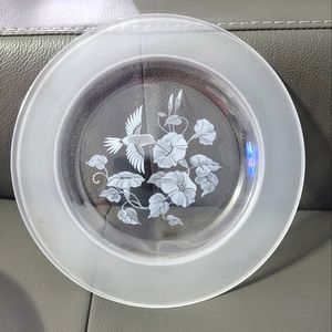 4- Avon Hummingbird 24% Lead Crystal 8” Dessert Plates Frosted Rim Clear Center